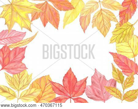 Watercolor Colorful Autumn Leaves Frame. Hand Painted Illustration