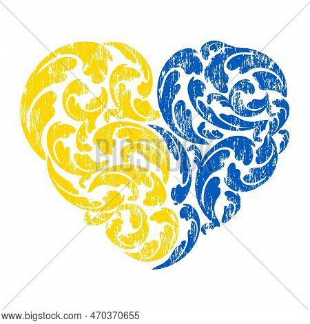 Abstract Floral Leavel Heart Grunge Shape With Ukraine National Colors. Stand With Ukraine Tradition