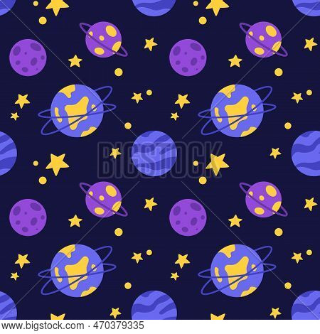 Vector Seamless Pattern With Planets And Stars. Space Background In Blue, Yellow And Perple Colors.