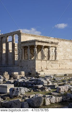 Erechtheion, Temple Of Athena Polias On Acropolis Of Athens, Greece. View Of The Porch Of The Maiden