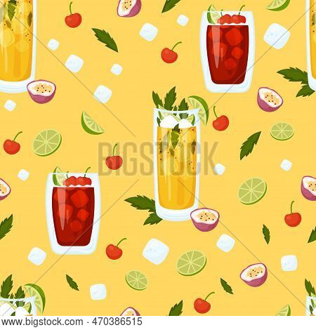 Seamless Pattern With Mexican Cocktails. Passion Fruit Mojito And Cherry Limeade Drink In Glass On Y