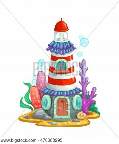 Underwater Lighthouse Or Beacon House Building. Vector Fantasy Dwelling Of Mermaid, Underwater Archi
