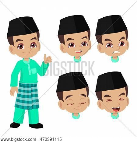Vector Illustration Malay Boy In Traditional Suit With Face Expression Set