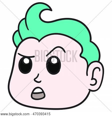 The Head Of The Green Haired Boy With An Angry Face Gawked, Vector Illustration Carton Emoticon. Doo