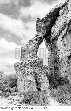 A Rock Arch At The Stadsaal Caves In The Western Cape Cederberg. Monochrome