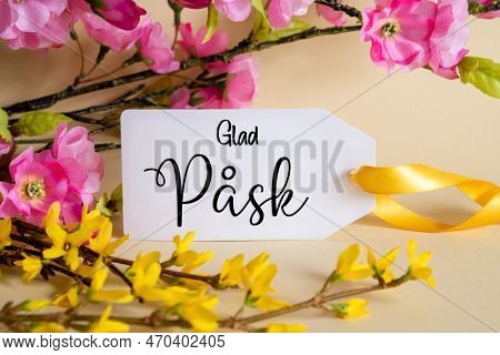 Spring Flower Decoration, Label With Glad Pask Means Happy Easter