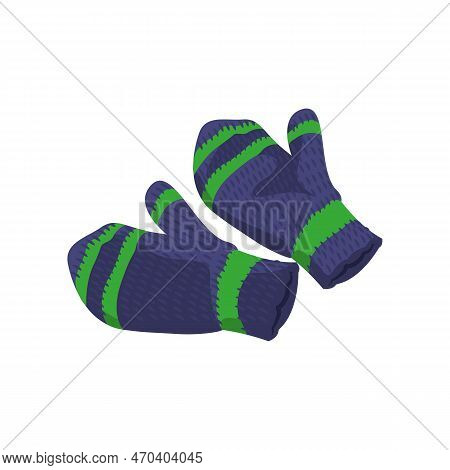 Blue And Green Handmade Mittens From Wool Vector Illustration. Cartoon Drawing Of Knitted Woolen Acc