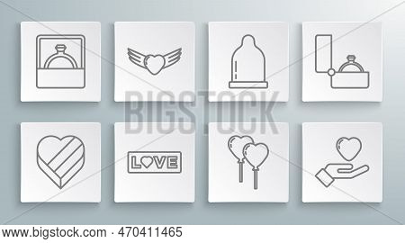 Set Line Candy In Heart Shaped Box, Heart With Wings, Love Text, Balloons Form Of, Hand, Condom, Dia