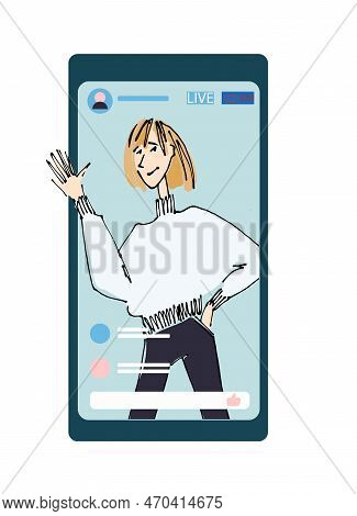 Young Man, Girl Waving Hand From Phone Screen. Flat Style, Isolated Vector Element