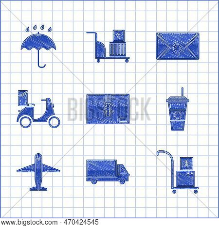 Set Cardboard Box With Traffic Symbol, Delivery Cargo Truck Vehicle, Hand And Boxes, Coffee Cup, Pla