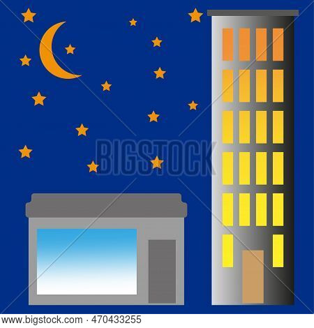Cartoon Houses Night In Retro Style. Building, City. Vector Illustration.