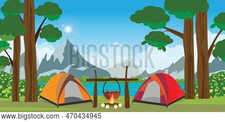 Summer Camping. Forest Landscape With Lake, Tent And Campfire. Tent With Bonfire On Forest Backgroun