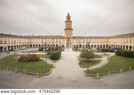 Piazza Bentivoglio And Civic Tower Clock, Historical Center. Gualieri, Italy