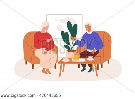 Old Love Couple Relaxing With Tea. Happy Man And Woman Of Senior Age Resting At Home, Talking. Elder