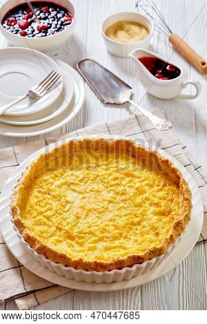 Chess Pie Pairs A Traditional Butter Pie Crust With A Sweet, Custardy Filling In White Baking Dish, 
