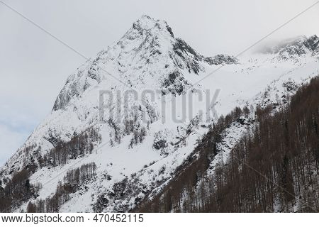 View Of Misty Mountain In Valle Aurina With Snow In Winter Season, Italy, Europe