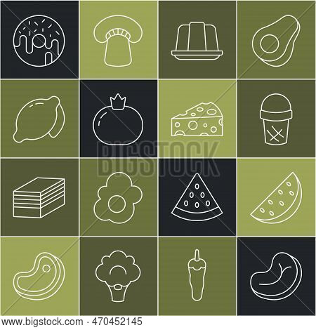 Set Line Steak Meat, Watermelon, Ice Cream In Waffle, Jelly Cake, Tomato, Lemon, Donut And Cheese Ic