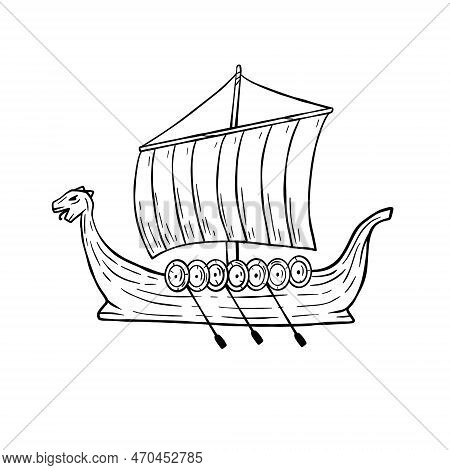 Viking Boat. Nordic Drakkar, Swedish Warship. Cartoon Scandinavian Sailboat For Coloring Book. Longs