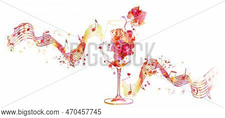 Beautiful Wine Glass With Grapes And Musical Notes Staff. Colorful Goblet With Alcoholic Beverage. G