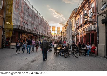 Novi Sad, Serbia - May 1, 2022: Dunavska Ulica Street, One Of The Pedestrian Streets Of The City Cen