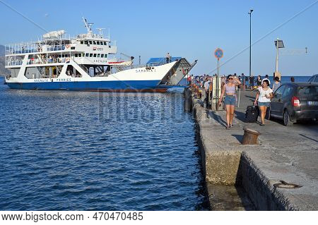 Paleochora, August 6, 2022: Ferry Parked At Pier Of Paleochora Town In Crete Island, Greece