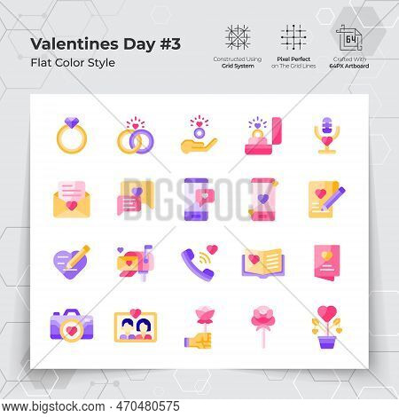 Valentine's Day Icons Set In Flat Color Style With Wedding Gifts And Chat Themed. A Collection Of Lo