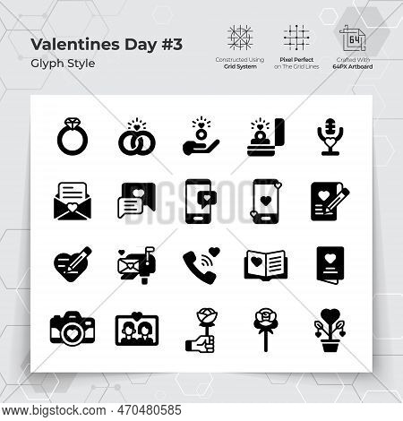 Valentine's Day Icons Set In Glyph Black Fill Style With Wedding Gifts And Chat Themed. A Collection