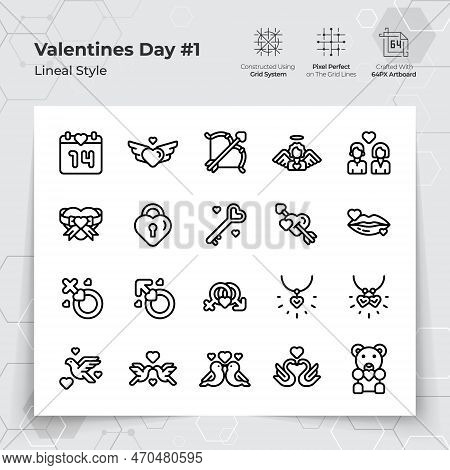 Valentine's Day Icon Set In Black Line Style With A Love And Heart Theme. A Collection Of Love And R