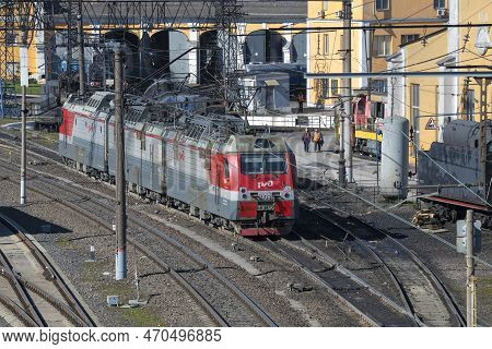 Saint Petersburg, Russia - April 19, 2022: Modern Russian Electric Locomotive 3es4k 