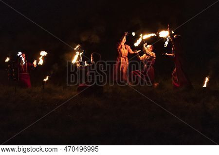 Tverskaya Region, Russia - July 22, 2022: Fragment Of The Fire Show Of The Saga Group On The Histori