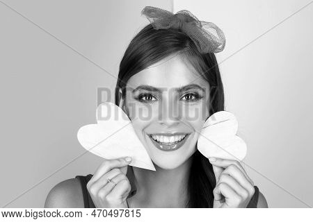 Valentine Day Girl. Smling Pin Up Woman With Hearts.