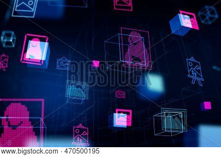 Digital Content In Metaverse, Nft Products And Virtual Gallery. Concept Of Cryptoart, Marketplace An