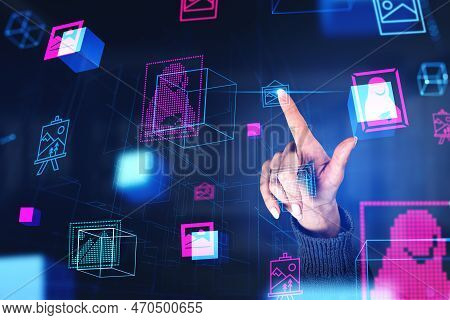 Woman Finger Touch Art Image In Metaverse, Nft Products And Virtual Gallery. Concept Of Digital Cont