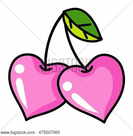 Pink Cherry In Heart Shape. Icon Design. Cherry Love Hand Drawn. Vector Illustration Isolated On Whi
