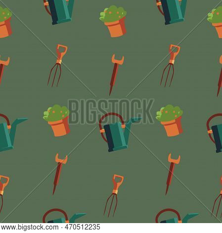 Spring Concept. Seamless Pattern Of Set Of Gardening Tools.