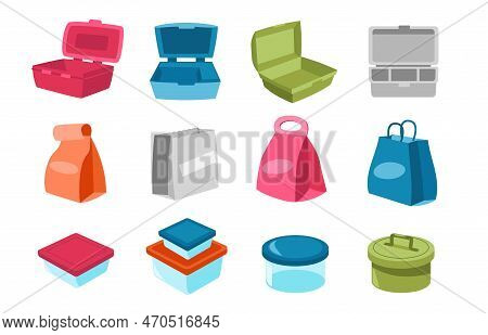 Lunchbox Collection. Cartoon Containers, Disposable Paper Bags And Plastic Storage For Snacks Meal H
