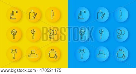 Set Line Vegetable Peeler, Fried Eggs On Frying Pan, Spatula, Cooking Pot, Broken, Water Tap, Knife 