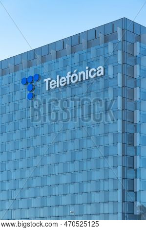 Madrid, Spain, February 4, 2023: Brand Of The Multinational Company Telefonica Is Dedicated To Telec