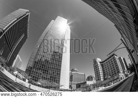 Phoenix, Usa - June 14, 2012:  Perspective Of Skyscrapers Downtown At Central Avenue In Phoenix. Cen