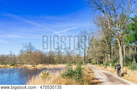 Man On A Mountain Bike On The Path At The Lake In Drents Friese Wold, Netherlands