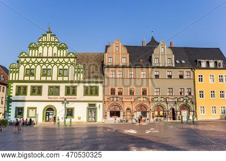Weimar, Germany - September 22, 2020: 
Colorful Buildings On The Market Square Of Weimar, Germany