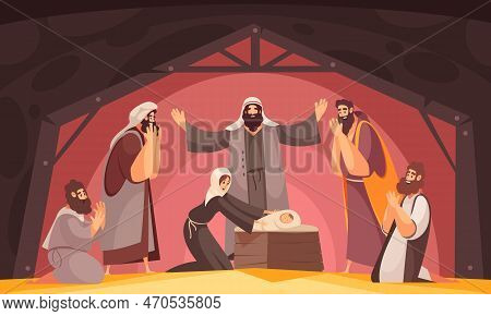 Bible Narratives Christmas Composition With Characters Of Wise Men Of East Praying People And Holy M