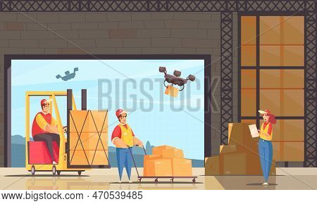 Delivery Warehouse Composition With Stock Building Doodle Style Human Characters And Quadcopter Dron