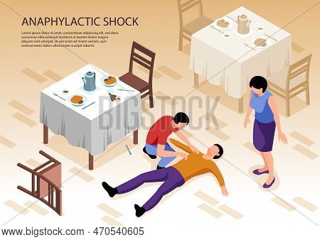 Two People Caring Of Man With Allergy And Anaphylactic Shock Lying On Floor In Restaurant 3d Isometr