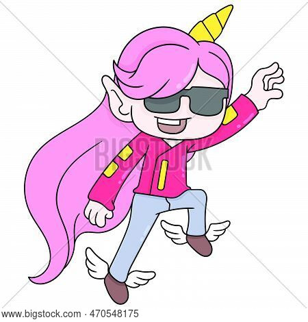 An Imaginary Pink Haired Beauty Wearing Magic Shoes Flew Into The Sky, Vector Illustration Art. Dood