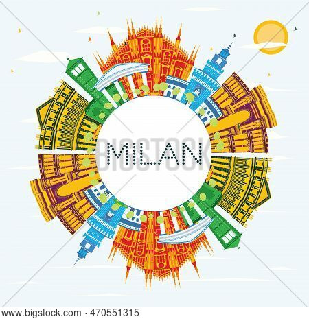 Milan Italy City Skyline With Color Buildings, Blue Sky And Copy Space. Vector Illustration. Busines