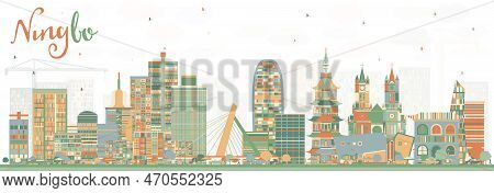 Ningbo China City Skyline With Color Buildings. Vector Illustration. Business Travel And Tourism Con