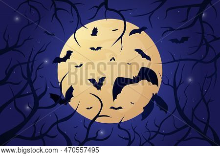 Bats In Night, Halloween Banner, Haunted Moon House. Fantasy Silhouettes In Forest, Spooky Night, Ho