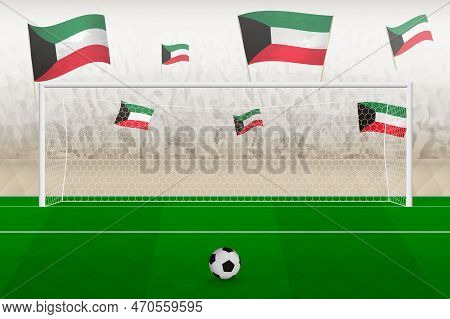Kuwait Football Team Fans With Flags Of Kuwait Cheering On Stadium, Penalty Kick Concept In A Soccer