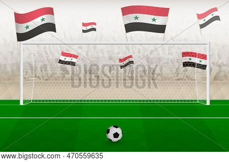 Syria Football Team Fans With Flags Of Syria Cheering On Stadium, Penalty Kick Concept In A Soccer M